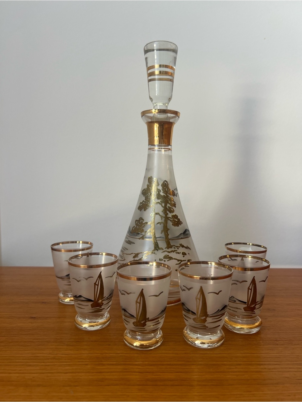 Vintage Bohemia Glass Decanter Set with 6 Glasses Sail Boat Design